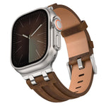 Bracelet de montre en cuir vegan Crazy Horse avec boucle en argent acier inoxydable, pour Apple Watch 46 mm / 49 mm / 45 mm / 44 mm