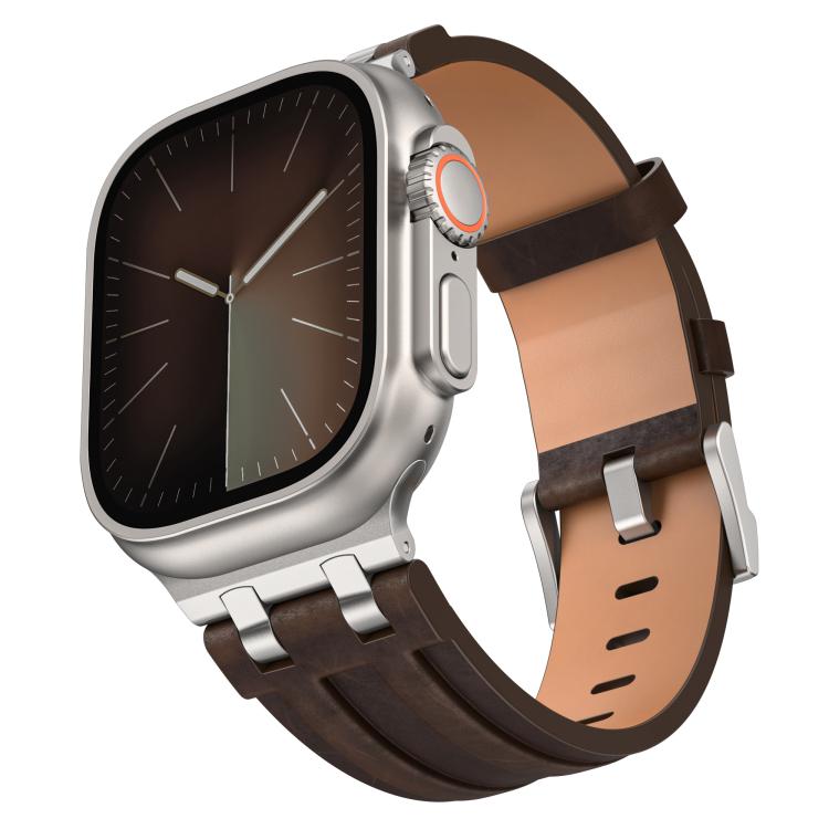 Bracelet de montre en cuir vegan Crazy Horse avec boucle en argent acier inoxydable, pour Apple Watch 46 mm / 49 mm / 45 mm / 44 mm