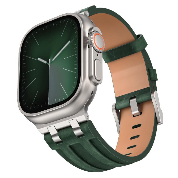 Bracelet de montre en cuir vegan Crazy Horse avec boucle en argent acier inoxydable, pour Apple Watch 46 mm / 49 mm / 45 mm / 44 mm