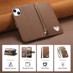 Fantasy Love Heart Zipper Wallet Vegan Leather Phone Case with Strap, For iPhone 13