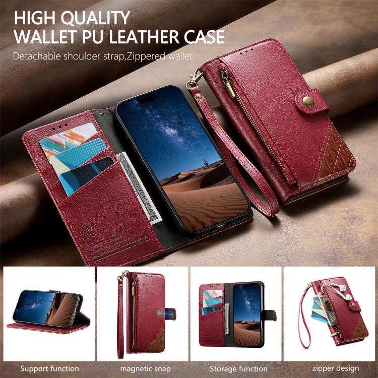 Étui portefeuille à fermeture éclair en cuir vegan avec sangle, pour iPhone 17 Pro Max, pour iPhone 17 Pro, pour iPhone 17, pour iPhone Air, pour iPhone 16 Pro Max, pour iPhone 16 Pro, pour iPhone 16 Plus, pour iPhone 16