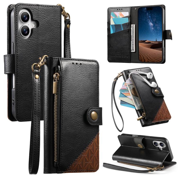 Étui portefeuille à fermeture éclair en cuir vegan avec sangle, pour iPhone 17 Pro Max, pour iPhone 17 Pro, pour iPhone 17, pour iPhone Air, pour iPhone 16 Pro Max, pour iPhone 16 Pro, pour iPhone 16 Plus, pour iPhone 16