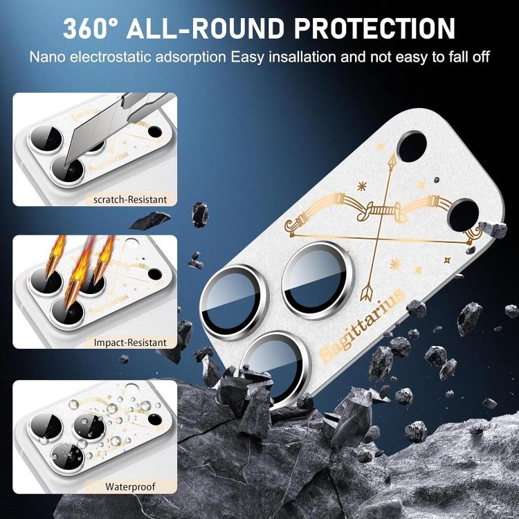 Pour iPhone 17 Pro Douze Constellations Armure Intégrée Entièrement Couvrante Film d'Objectif d'Appareil Photo en Métal Givré, Scorpion, Balance, Verseau, Gémeaux, Poissons, Lion, Sagittaire, Capricorne, Cancer, Taureau, Vierge, Bélier