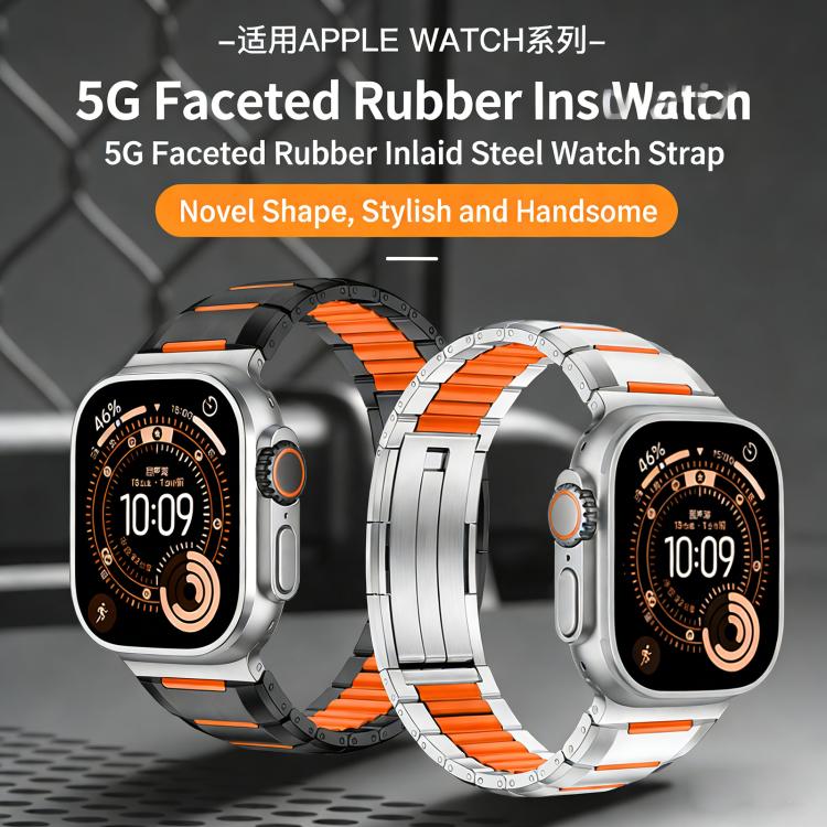 Bracelet de montre en acier inoxydable incrusté de caoutchouc multi-facettes, pour Apple Watch 46mm / 49mm / 45mm / 44mm, pour Apple Watch 42mm / 41mm / 40mm / 38mm