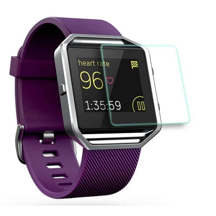 Tempered glass screen protector for smartwatches on Fitbit Blaze displaying heart rate and time.