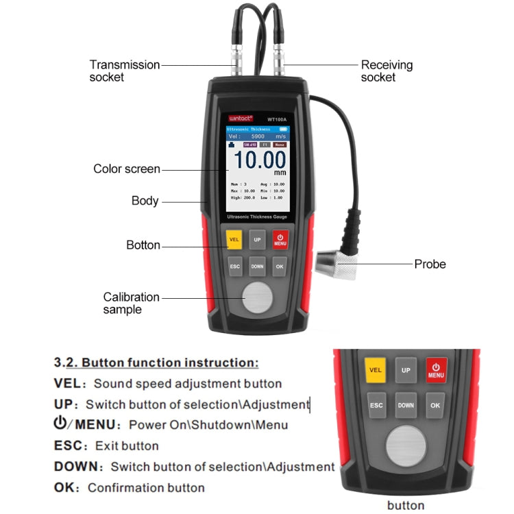 Jauge d'épaisseur ultrasonique numérique WT100A, testeur d'épaisseur métal haute précision avec charge USB, WT100A