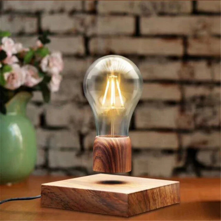 Lampe de décoration d'intérieur LED rétro à ampoule flottante magnétique avec socle couleur bois
