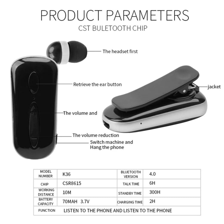 Écouteurs Bluetooth stéréo sans fil K36, avec rappel d'appel vibrant et clip, pour conducteur