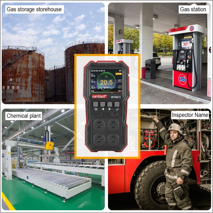 Moniteur de gaz composé WINTACT WT8811 Affichage LCD Rechargeable Multifonction 4 en 1 Capteur de gaz combustible O2 H2S CO Alarme sonore-lumineuse-vibrante