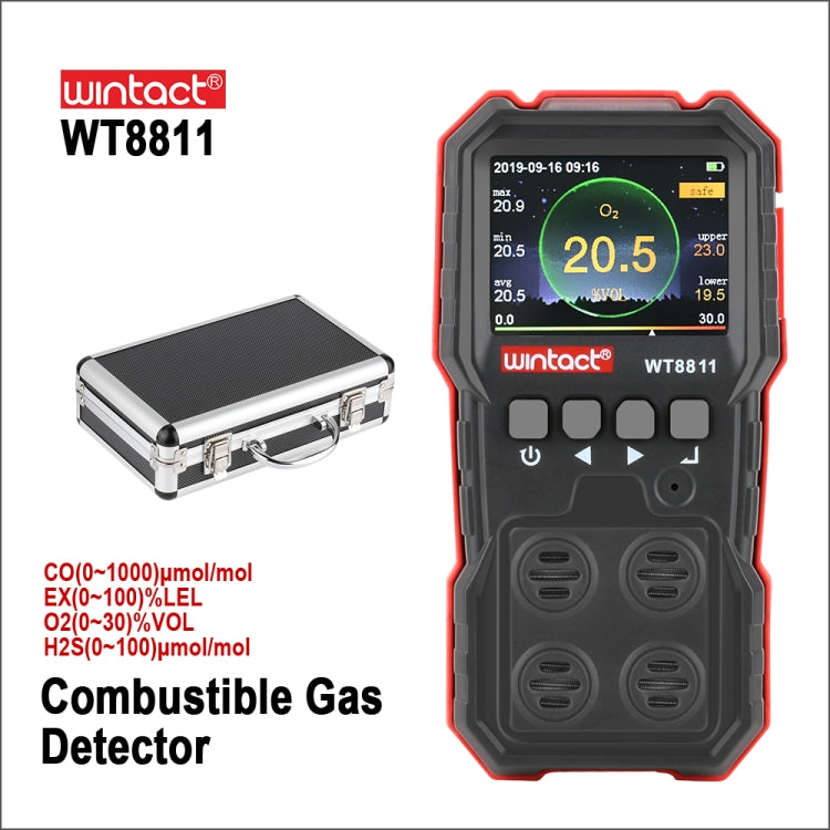 Moniteur de gaz composé WINTACT WT8811 Affichage LCD Rechargeable Multifonction 4 en 1 Capteur de gaz combustible O2 H2S CO Alarme sonore-lumineuse-vibrante