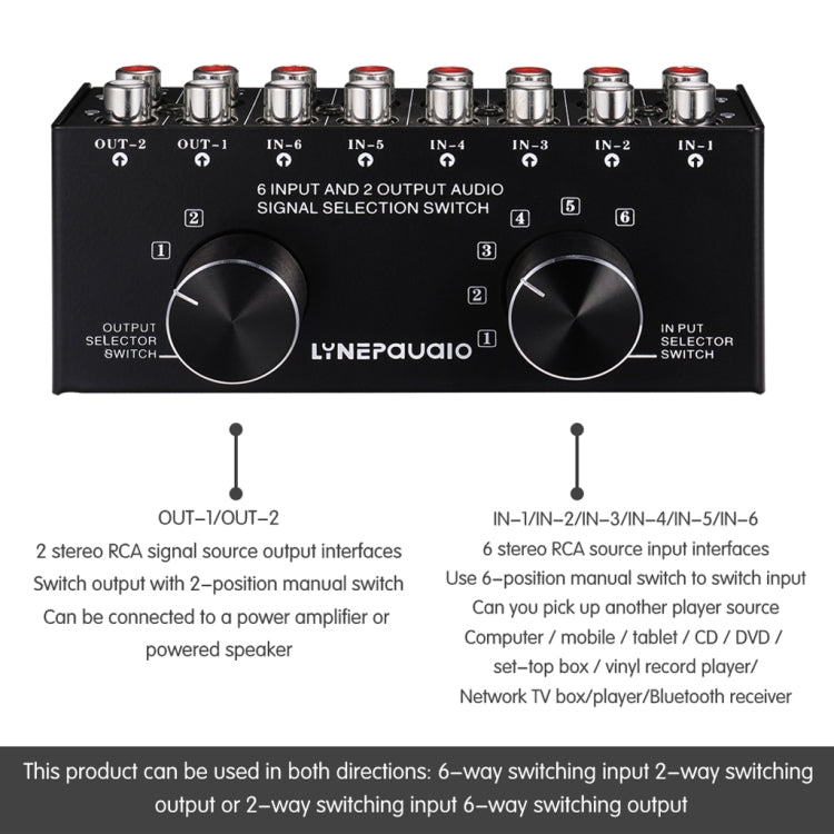 B026 Commutateur de sélection de source de signal audio 6 entrées 2 sorties ou 2 entrées 6 sorties Port RCA