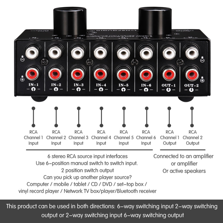 B026 Commutateur de sélection de source de signal audio 6 entrées 2 sorties ou 2 entrées 6 sorties Port RCA