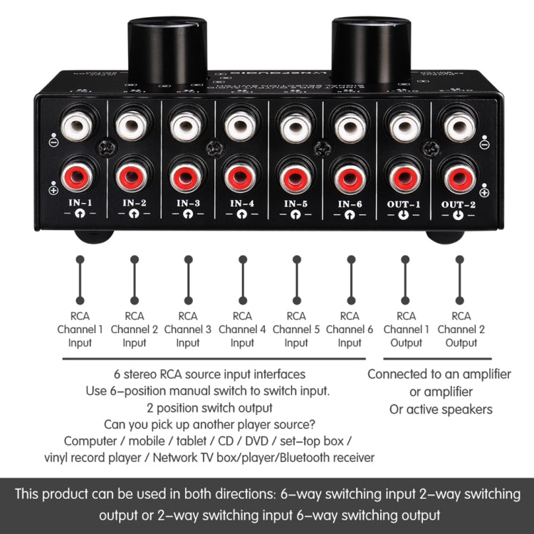 B026 Commutateur de sélection de source de signal audio 6 entrées 2 sorties ou 2 entrées 6 sorties Port RCA