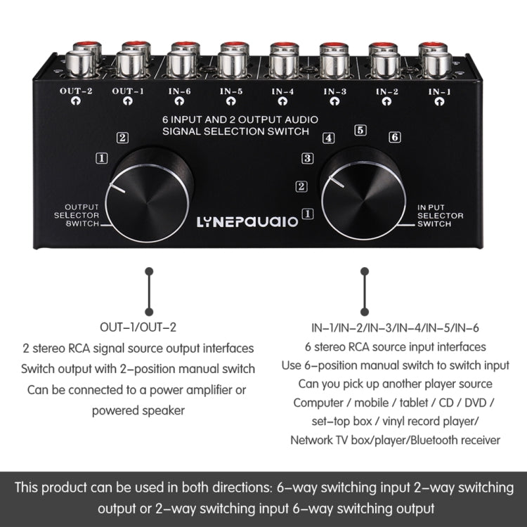 B026 Commutateur de sélection de source de signal audio 6 entrées 2 sorties ou 2 entrées 6 sorties Port RCA