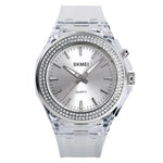 Montre Femme Étanche Transparente avec Lumière LED Colorée Incrustée de Cristaux d'Eau SkMEI 1553