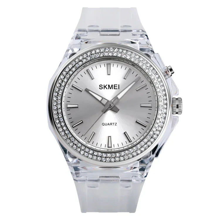 Montre Femme Étanche Transparente avec Lumière LED Colorée Incrustée de Cristaux d'Eau SkMEI 1553