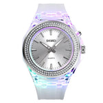 Montre Femme Étanche Transparente avec Lumière LED Colorée Incrustée de Cristaux d'Eau SkMEI 1553