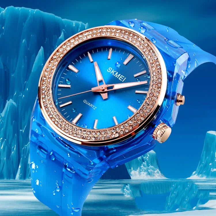 Montre Femme Étanche Transparente avec Lumière LED Colorée Incrustée de Cristaux d'Eau SkMEI 1553