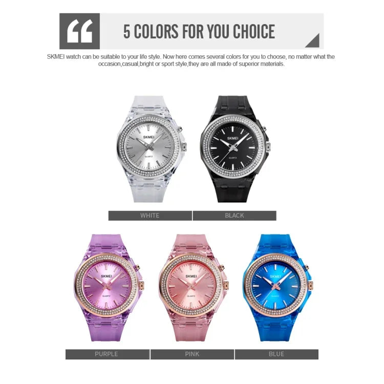 Montre Femme Étanche Transparente avec Lumière LED Colorée Incrustée de Cristaux d'Eau SkMEI 1553