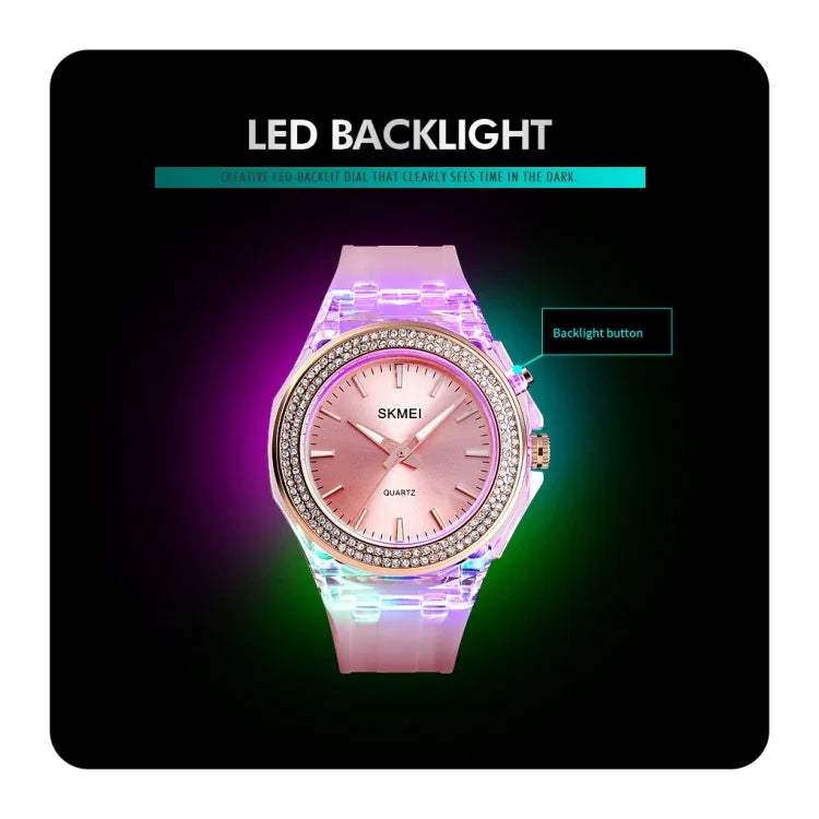 Montre Femme Étanche Transparente avec Lumière LED Colorée Incrustée de Cristaux d'Eau SkMEI 1553