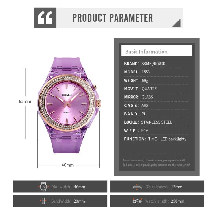 Montre Femme Étanche Transparente avec Lumière LED Colorée Incrustée de Cristaux d'Eau SkMEI 1553