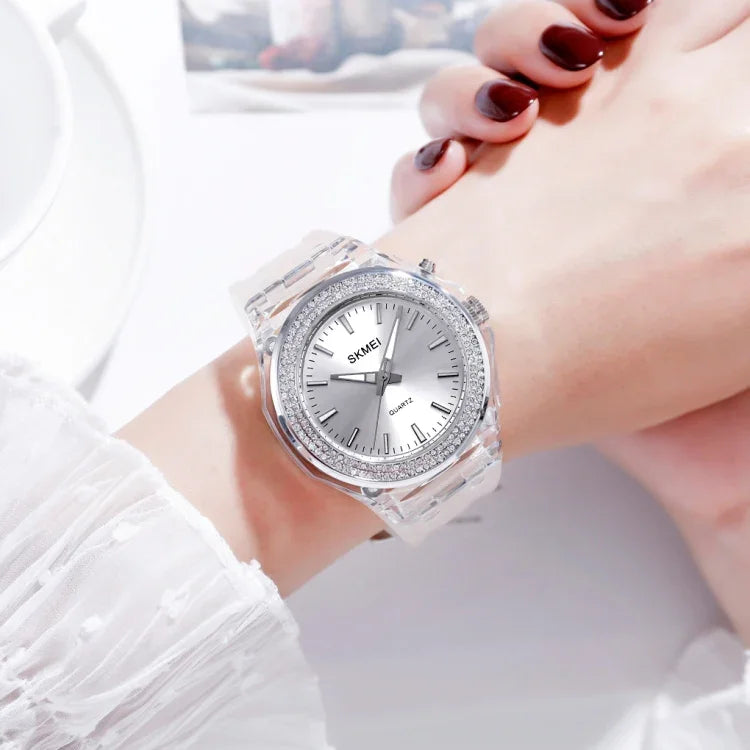 Montre Femme Étanche Transparente avec Lumière LED Colorée Incrustée de Cristaux d'Eau SkMEI 1553