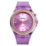 Montre Femme Étanche Transparente avec Lumière LED Colorée Incrustée de Cristaux d'Eau SkMEI 1553