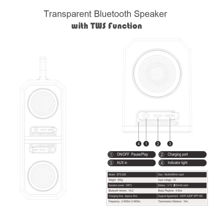 BT628 Enceintes Bluetooth TWS Portables Transparentes 10W avec Base Magnétique Connectable Subwoofer Stéréo Basses pour l'Extérieur