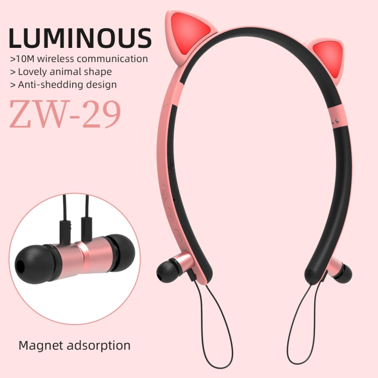 Casque Bluetooth sans fil ZW29 avec oreilles de chat, son stéréo HIFI, mode sport portable en extérieur, avec micro et lumière LED brillante