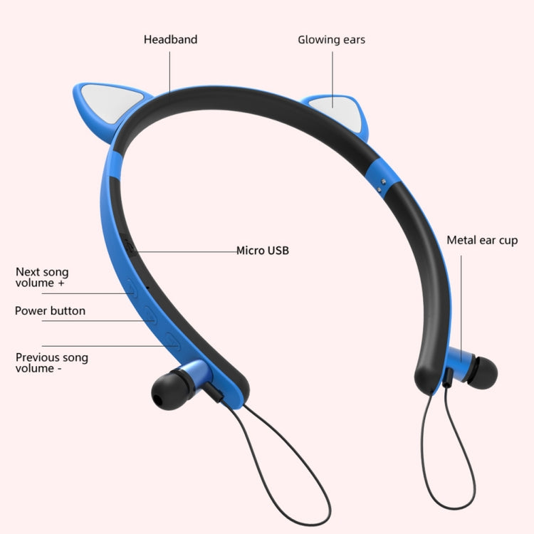Casque Bluetooth sans fil ZW29 avec oreilles de chat, son stéréo HIFI, mode sport portable en extérieur, avec micro et lumière LED brillante