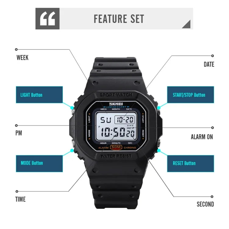 Skmei 1608 Montre électronique multifonction étudiante étanche montre de sport en silicone avec chronométrage