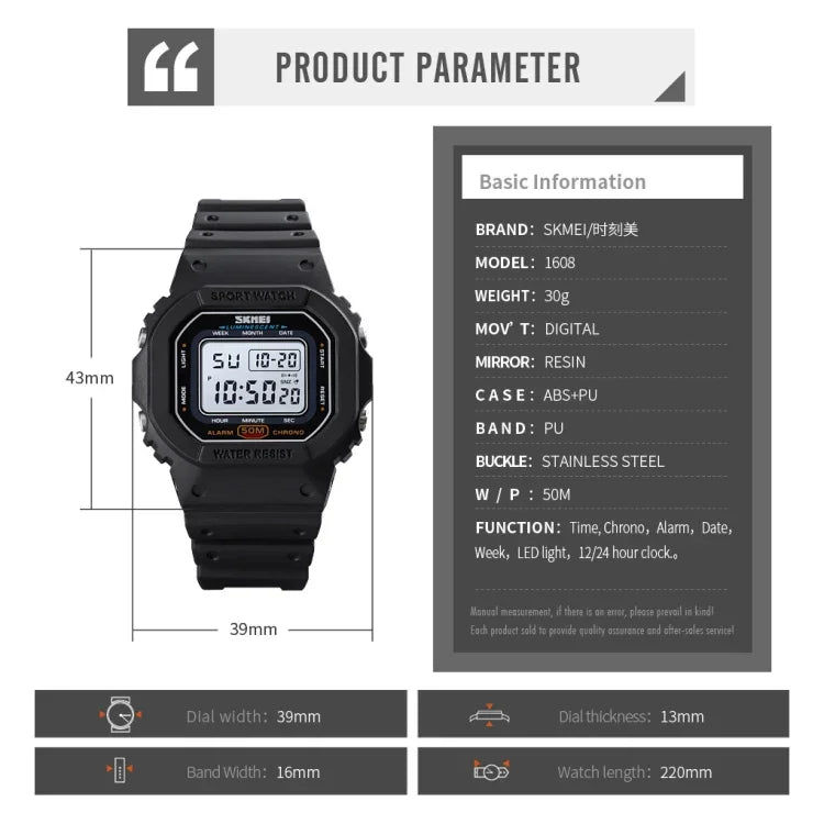 Skmei 1608 Montre électronique multifonction étudiante étanche montre de sport en silicone avec chronométrage