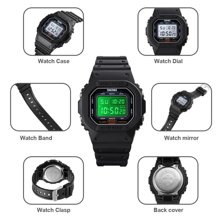 Skmei 1608 Montre électronique multifonction étudiante étanche montre de sport en silicone avec chronométrage