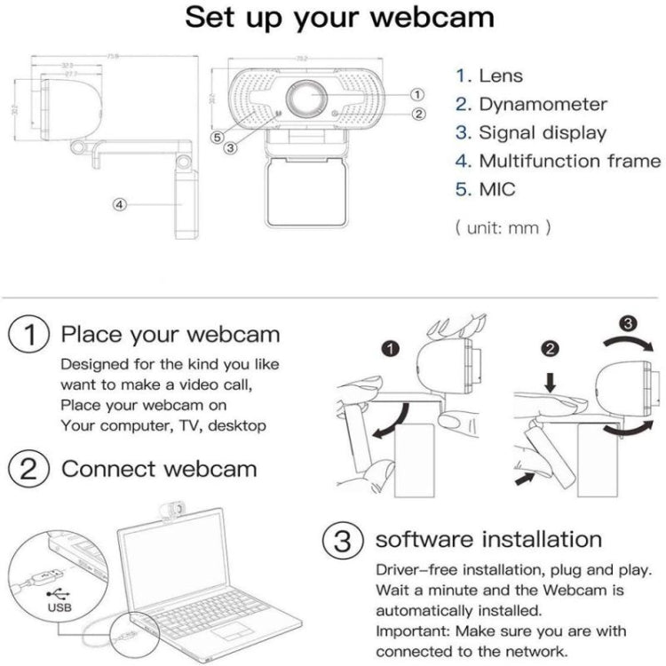 Webcam Full HD 1080P avec microphone anti-bruit pour streaming Skype et ordinateur/Android TV