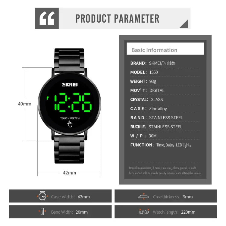 SKMEI 1550 Simple and Stylish LED Touch Screen Men  Watch Waterproof Stainless Steel With Electronic Watch