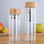 Bouteilles d'eau en verre avec infuseur, couvercle en bambou, double paroi, portables, pour extérieur, 350 ml, 450 ml