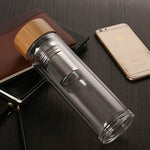 Bouteilles d'eau en verre avec infuseur, couvercle en bambou, double paroi, portables, pour extérieur, 350 ml, 450 ml