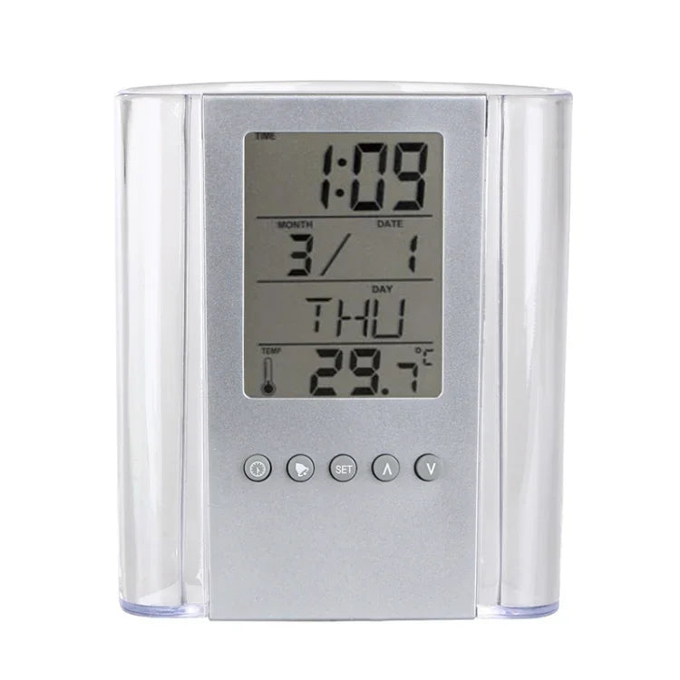 Porte-crayon horloge de bureau transparente Horloge numérique de table de bureau amovible