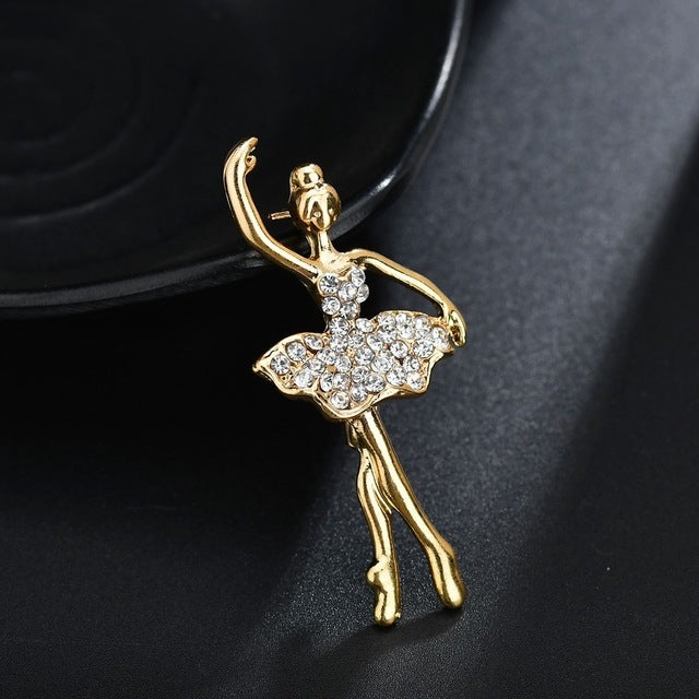 Broche en forme de danseuse de ballet avec fleur et cristaux, or, argent