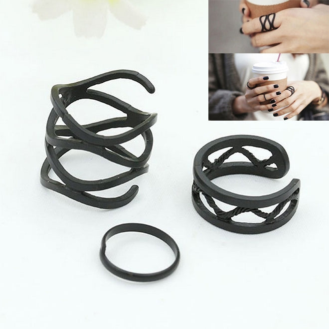 3 PIÈCES Ensemble de Bagues Noires Mates Punk pour Femme