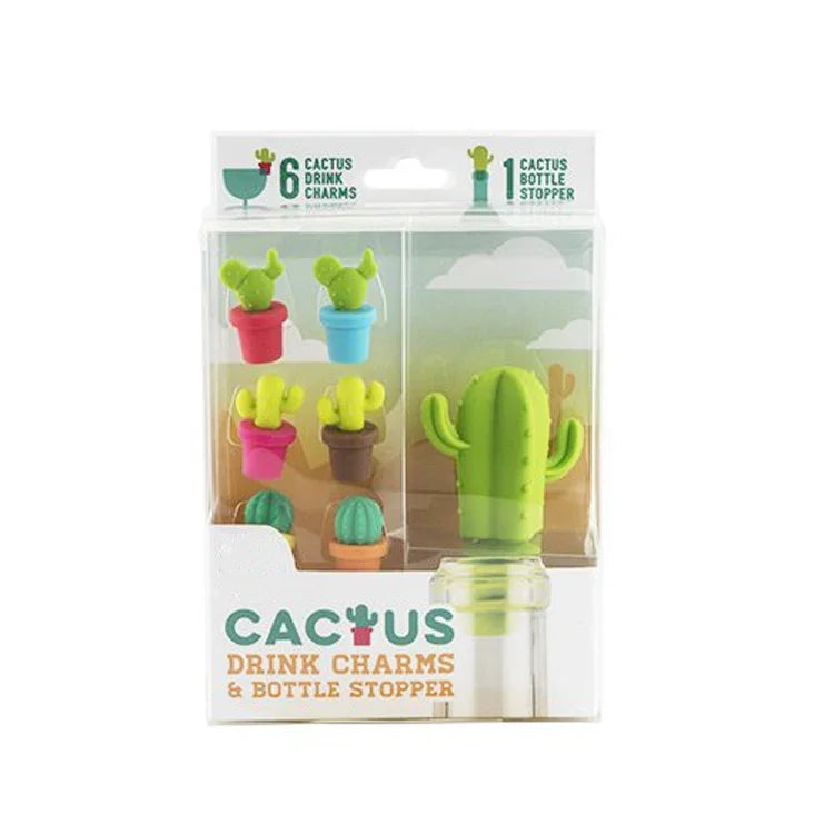 Set créatif de 7 pièces bouchons de bouteille de vin en silicone cactus + marque-verres à vin, bouchon de bouteille de vin 7 en 1