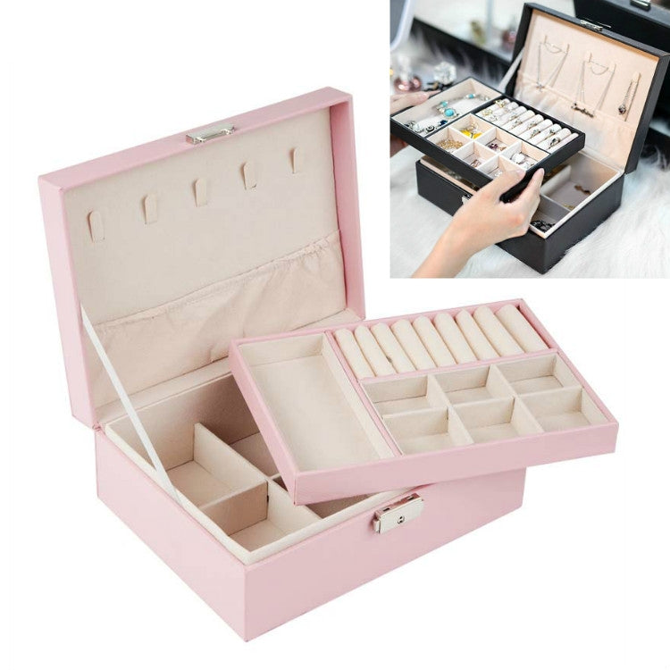 Boîte de rangement de bijoux portable en cuir pour colliers, bagues et montres, double couche