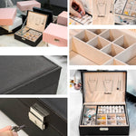 Boîte de rangement de bijoux portable en cuir pour colliers, bagues et montres, double couche