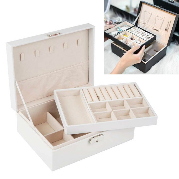 Boîte de rangement de bijoux portable en cuir pour colliers, bagues et montres, double couche