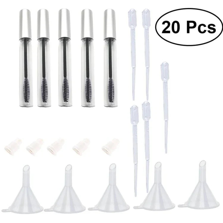 5 Tubes de Mascara Vides de 12 ml avec Bâtonnets à Cils + 5 Entonnoirs et Pipettes de Transfert pour Huile de Ricin, Kit de Conteneurs DIY
