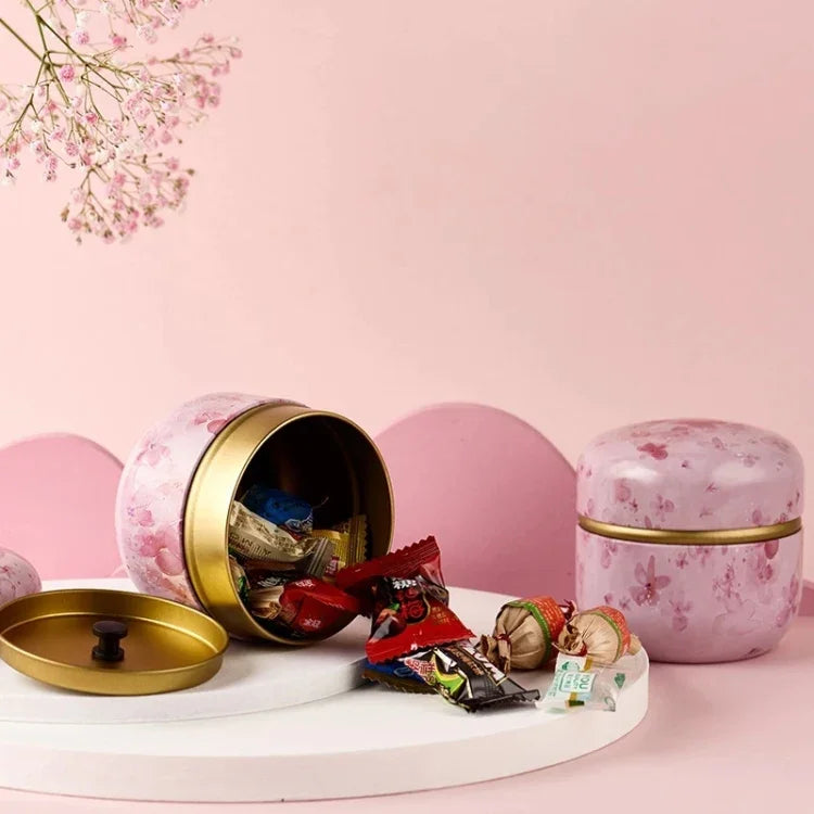 Boîte à thé HOOMIN, pot de rangement pour le thé, boîte à thé, récipient à matcha, mini organiseur de poudre de café, boîtes rondes multifonctionnelles en métal, couleur cerise, fleur de Moshan