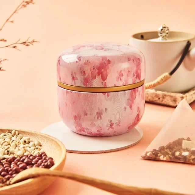 Boîte à thé HOOMIN, pot de rangement pour le thé, boîte à thé, récipient à matcha, mini organiseur de poudre de café, boîtes rondes multifonctionnelles en métal, couleur cerise, fleur de Moshan