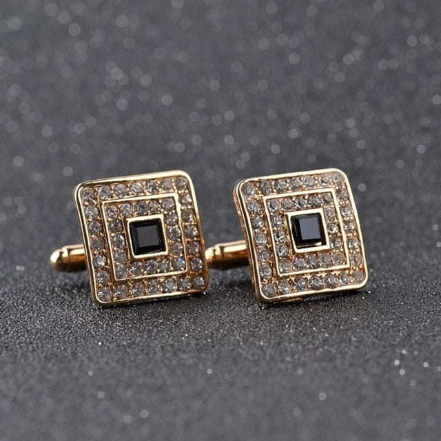 Boutons de manchette carrés classiques de luxe en strass et cristal, personnalisés en émail pour hommes, pour chemise française, mariage, couleur or jaune clair, plaqué argent