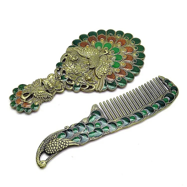 Miroir de maquillage portable deux pièces avec peigne et miroir paon à poignée vintage dans un coffret cadeau