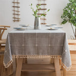 Nappe brodée à motif quadrillé carré Couleur unie Coton Lin avec pompons Tapis rectangulaire pour table basse, 140x220cm, 140x240cm, 140x260cm, 140x300cm